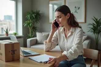 Femme au bureau parlant au téléphone dans un appartement moderne