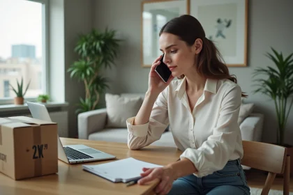 Femme au bureau parlant au t&eacute;l&eacute;phone dans un appartement moderne