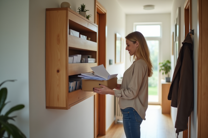 Femme triant le courrier dans un hall moderne et accueillant