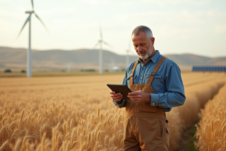 Ferme avec fermier inspectant un tablette dans un champ de blé