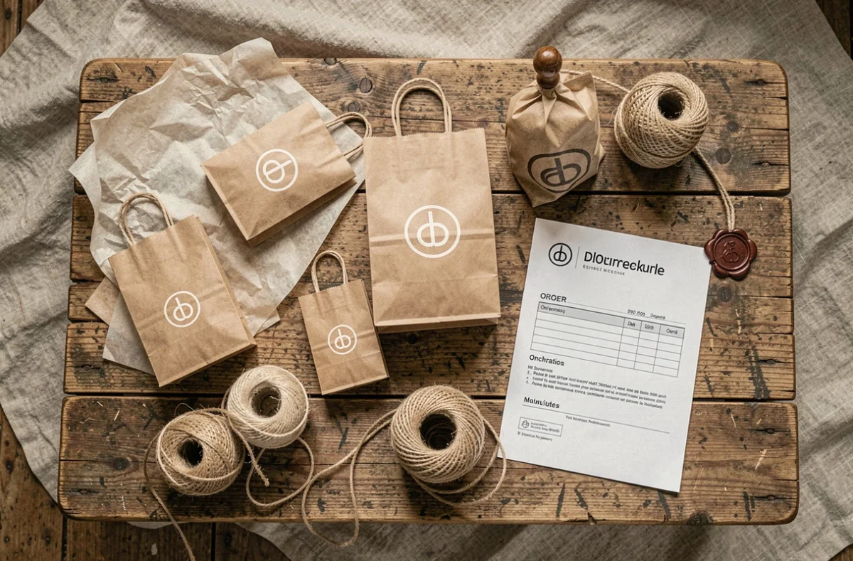 Composition à plat de sacs papier personnalisés en petite quantité avec accessoires d'emballage artisanal sur table en bois