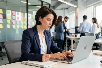 Femme en formation sur un logiciel RH SmartRH dans un open space moderne, prenant des notes manuscrites lors d'une session d'apprentissage professionnel