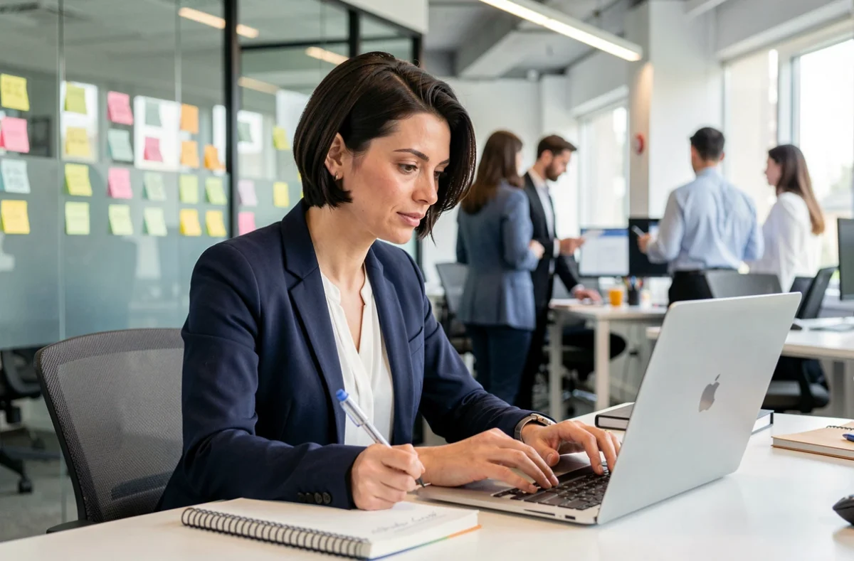 Femme en formation sur un logiciel RH SmartRH dans un open space moderne, prenant des notes manuscrites lors d'une session d'apprentissage professionnel