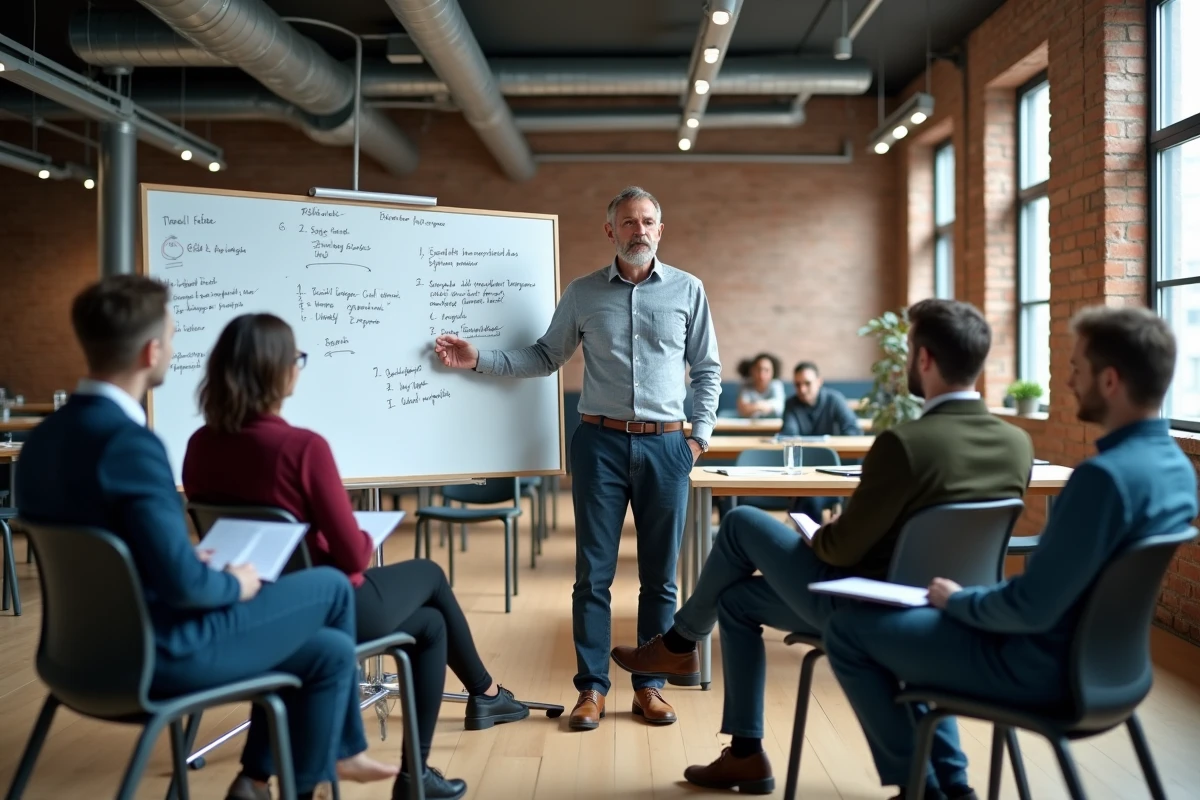 Session de formation en entreprise dans un espace de bureau aménagé pour un atelier interne