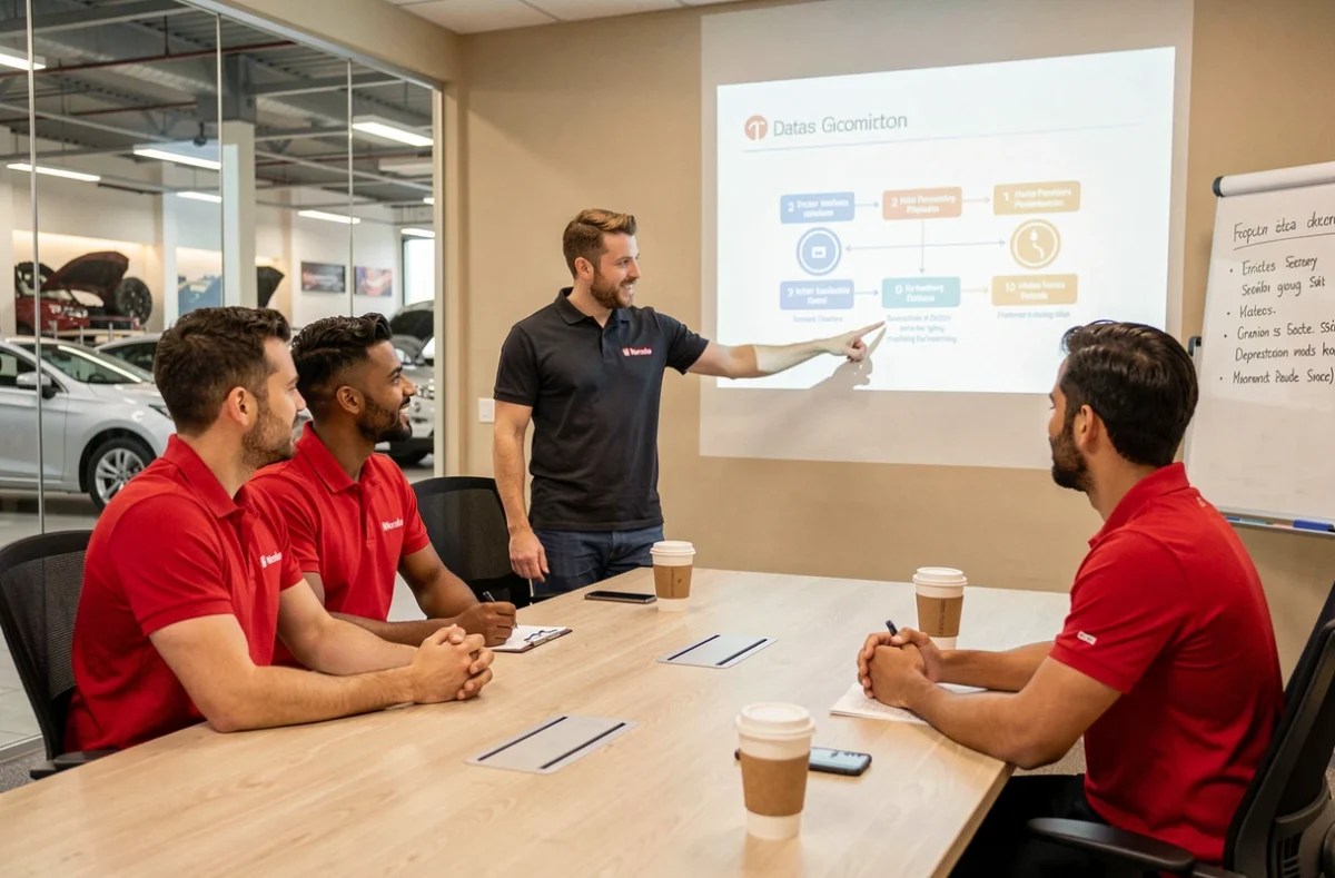 Équipe Norauto en formation sur la sécurité des données et la protection de l'intranet dans une salle de réunion moderne