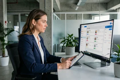 Professionnelle analysant des avis clients sur un tableau de bord numérique pour gérer sa réputation en ligne