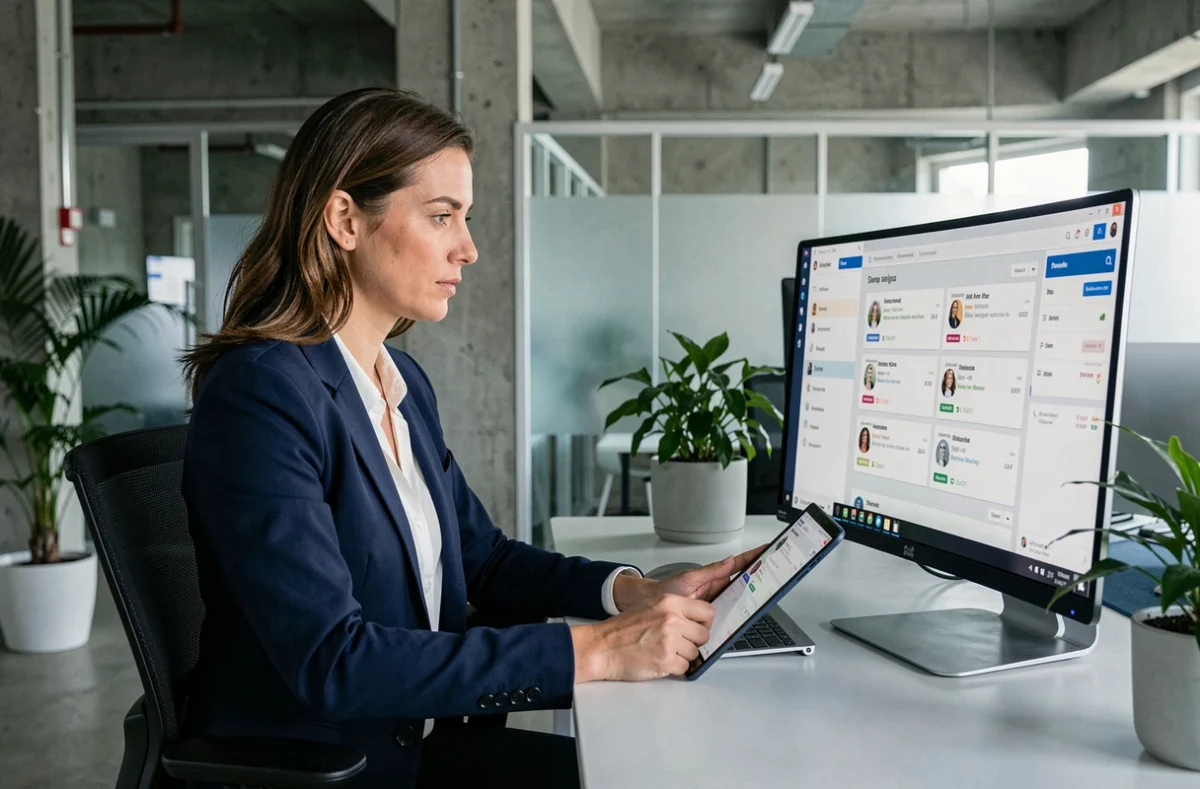 Professionnelle analysant des avis clients sur un tableau de bord numérique pour gérer sa réputation en ligne