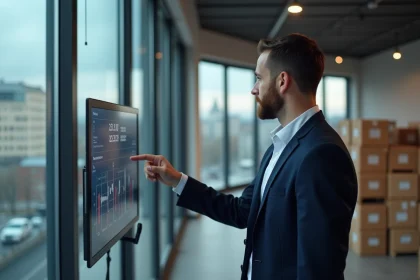 Manager logistique dans un entrep&ocirc;t moderne avec tableau digital