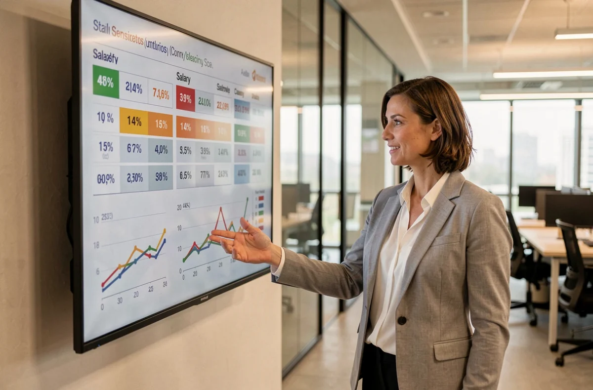 Professionnelle présentant des graphiques de grille salariale IEG 2026 sur un écran en open space