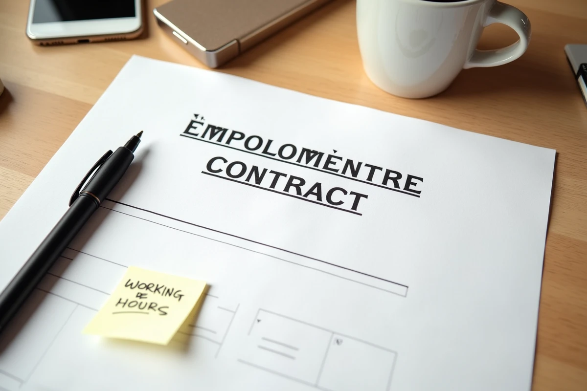 Gros plan d'un contrat CDI posé sur un bureau avec annotations manuscrites sur les heures de travail