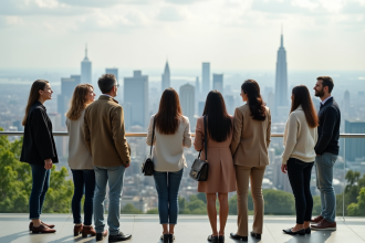 Groupe divers d'adultes en ville panorama