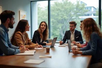 Groupe de jeunes adultes en r&eacute;union professionnelle