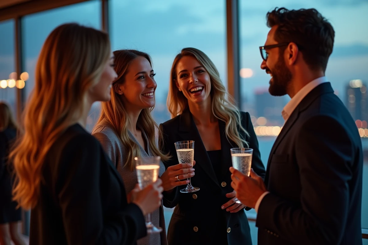 Groupe de professionnels en discussion lors d'un cocktail de networking B2B avec vue sur la ville