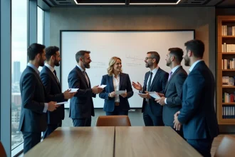 Groupe de professionnels en réunion dans une salle moderne