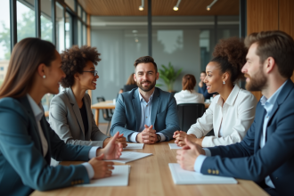 Groupe de professionnels en réunion dans un bureau moderne