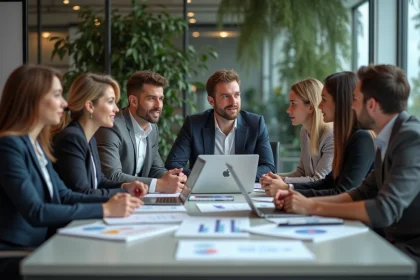 Groupe de professionnels en r&eacute;union dans un bureau moderne
