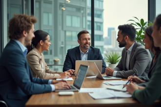 Groupe de professionnels en réunion dans un bureau moderne