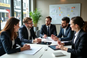 Groupe de professionnels en réunion dans une salle moderne