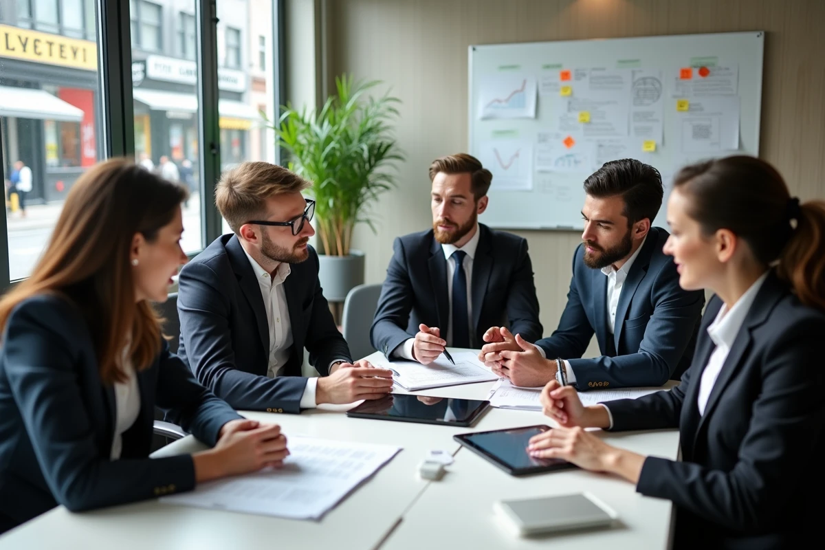 Groupe de professionnels en réunion dans une salle moderne