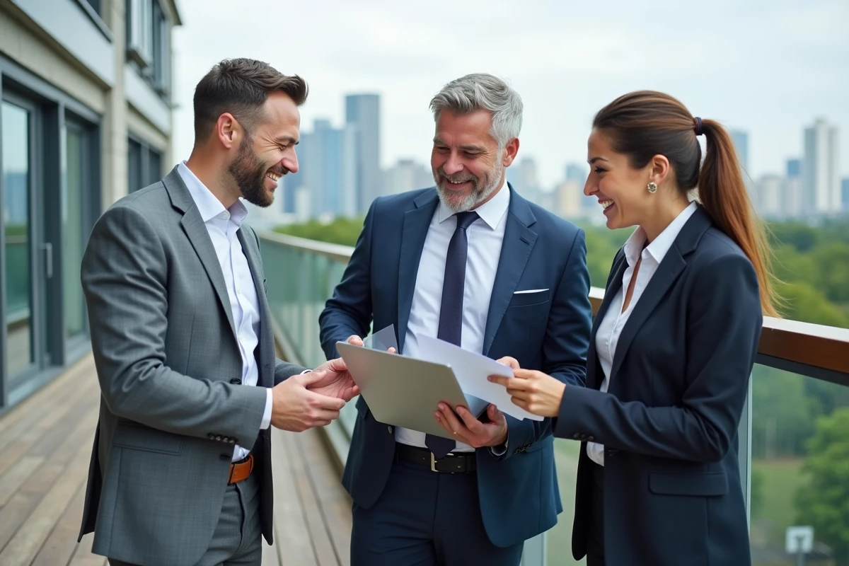 Groupe de professionnels discutant en extérieur sur une terrasse urbaine