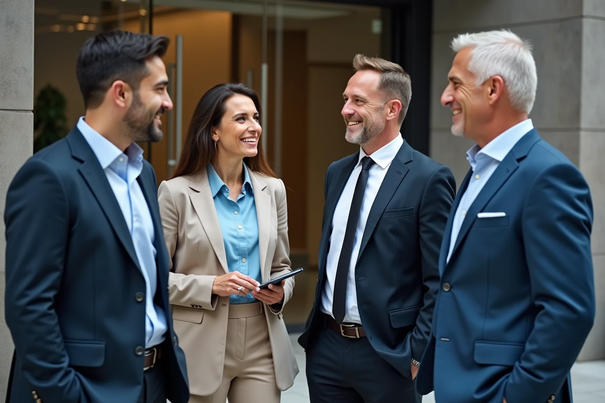 Groupe de professionnels discutant devant l