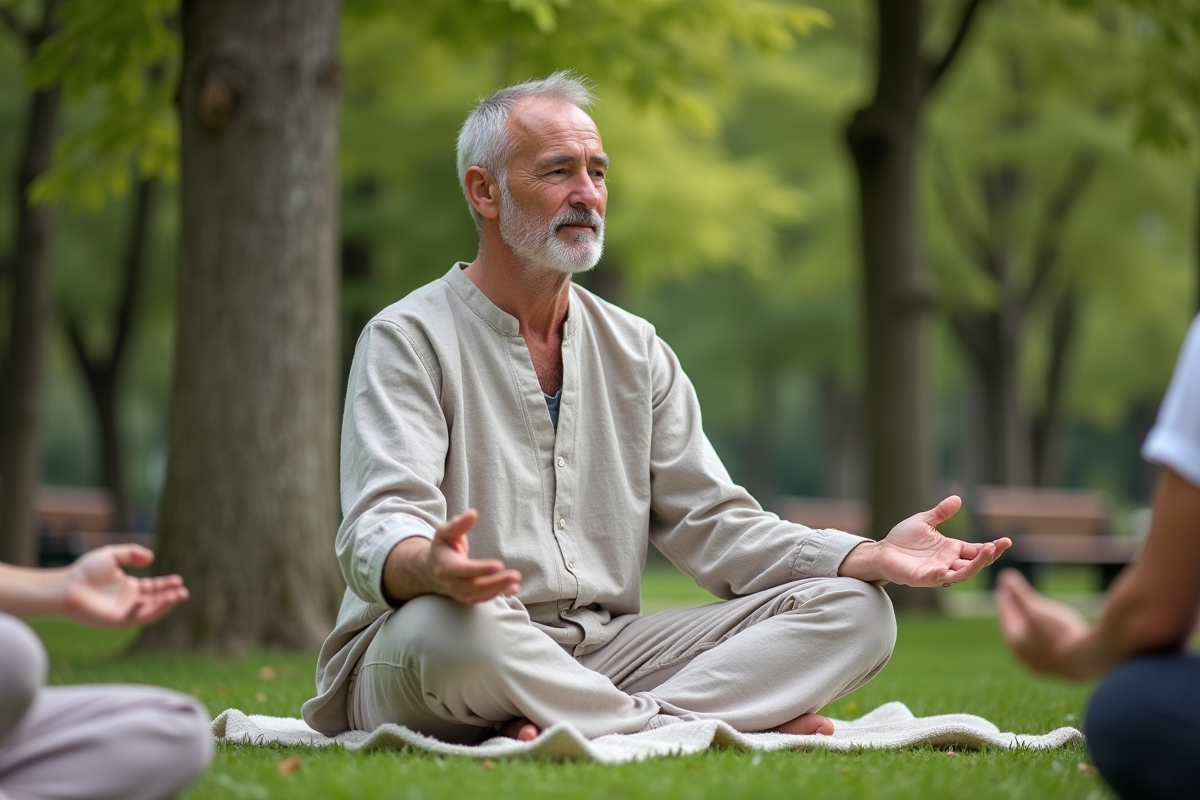Groupe de relaxation en plein air dans un parc verdoyant