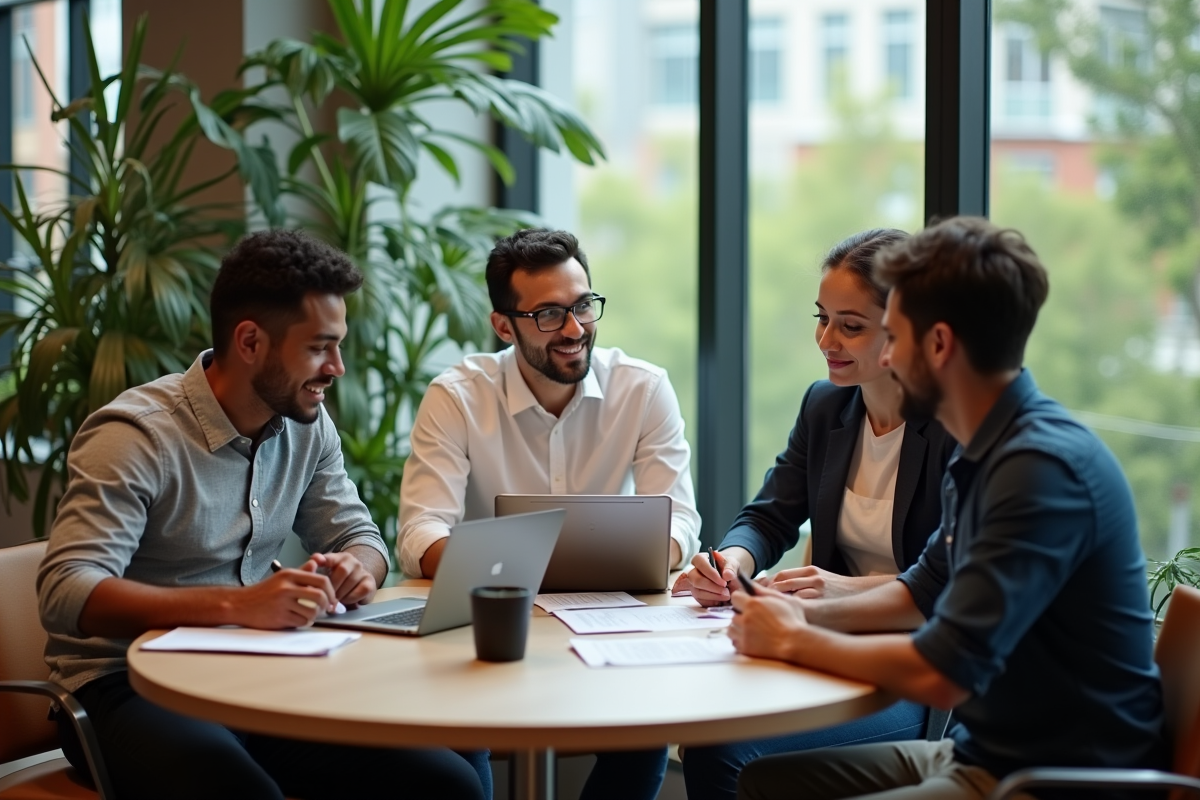 Jeunes professionnels discutant dans un espace coworking