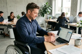 Homme en fauteuil roulant consultant des offres d'emploi sur un ordinateur portable dans un espace de coworking moderne, illustrant l'insertion professionnelle des personnes handicapées