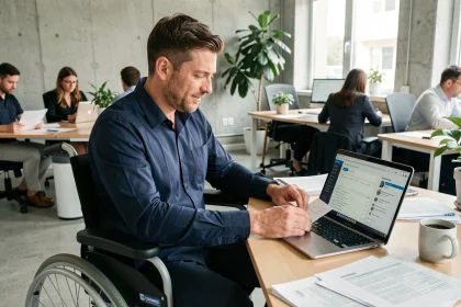 Homme en fauteuil roulant consultant des offres d'emploi sur un ordinateur portable dans un espace de coworking moderne, illustrant l'insertion professionnelle des personnes handicapées