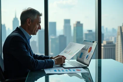 Homme d'affaires analysant des graphiques color&eacute;s dans un bureau moderne