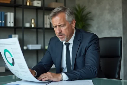 Homme d'affaires en costume examine des documents financiers