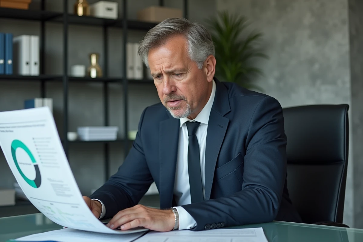 Homme d'affaires en costume examine des documents financiers