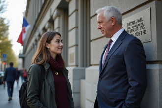 Homme d'affaires québécois parle avec une jeune femme devant un bâtiment officiel