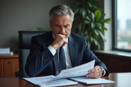 Homme d'affaires en costume bleu analysant un rapport financier