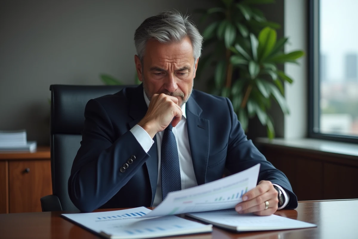 Homme d'affaires en costume bleu analysant un rapport financier