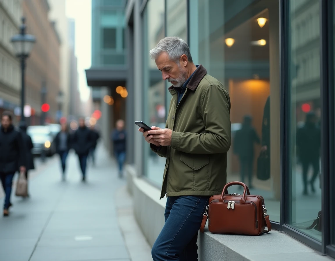Homme anxieux consultant son téléphone devant un immeuble de bureaux après une recherche d'emploi liée au CSP