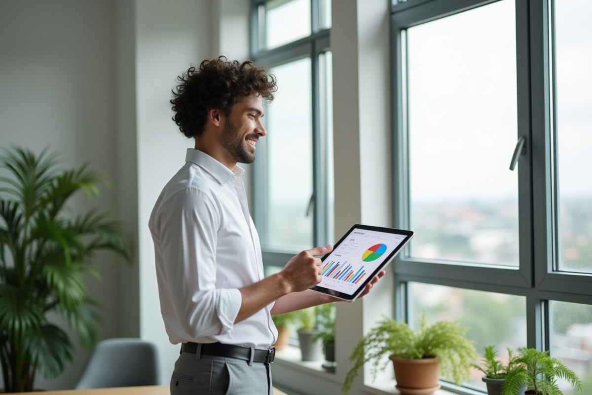 Homme souriant tenant une tablette avec des graphiques SEO dans un bureau à domicile