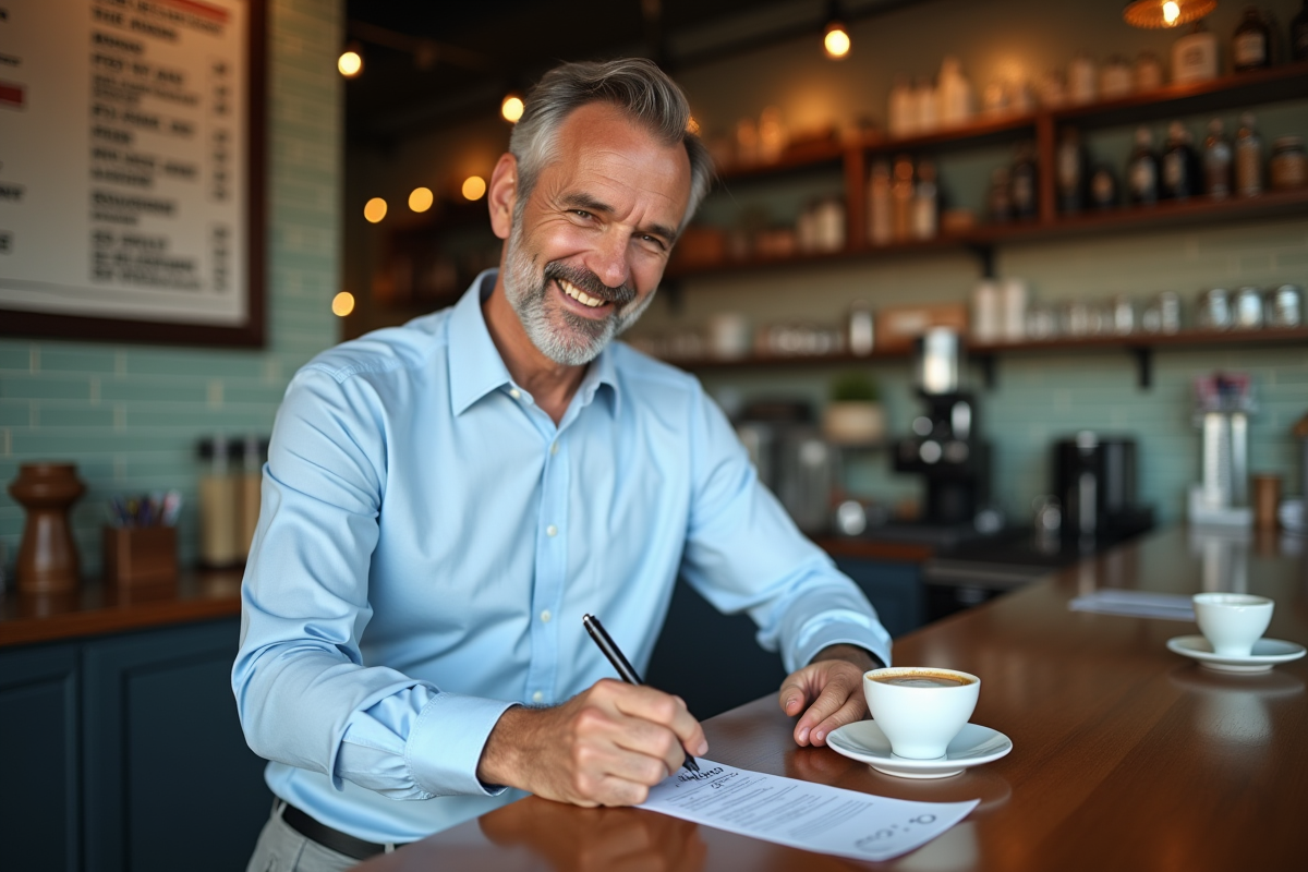 Homme au café faisant des calculs de profit