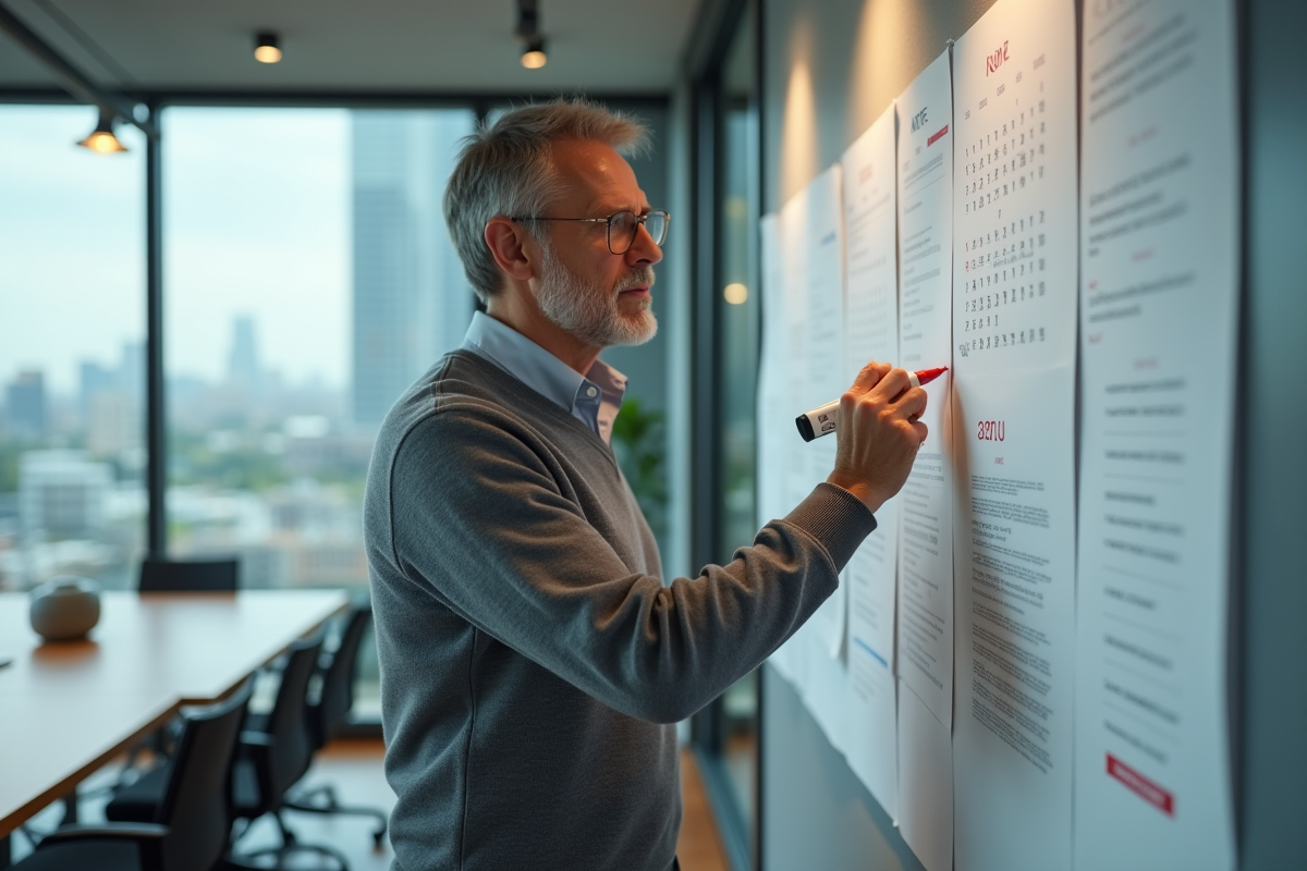 Homme marquant des dates sur un grand calendrier au bureau