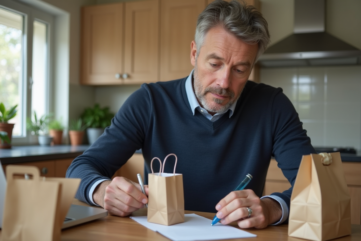 Homme compare des goodybags dans sa cuisine