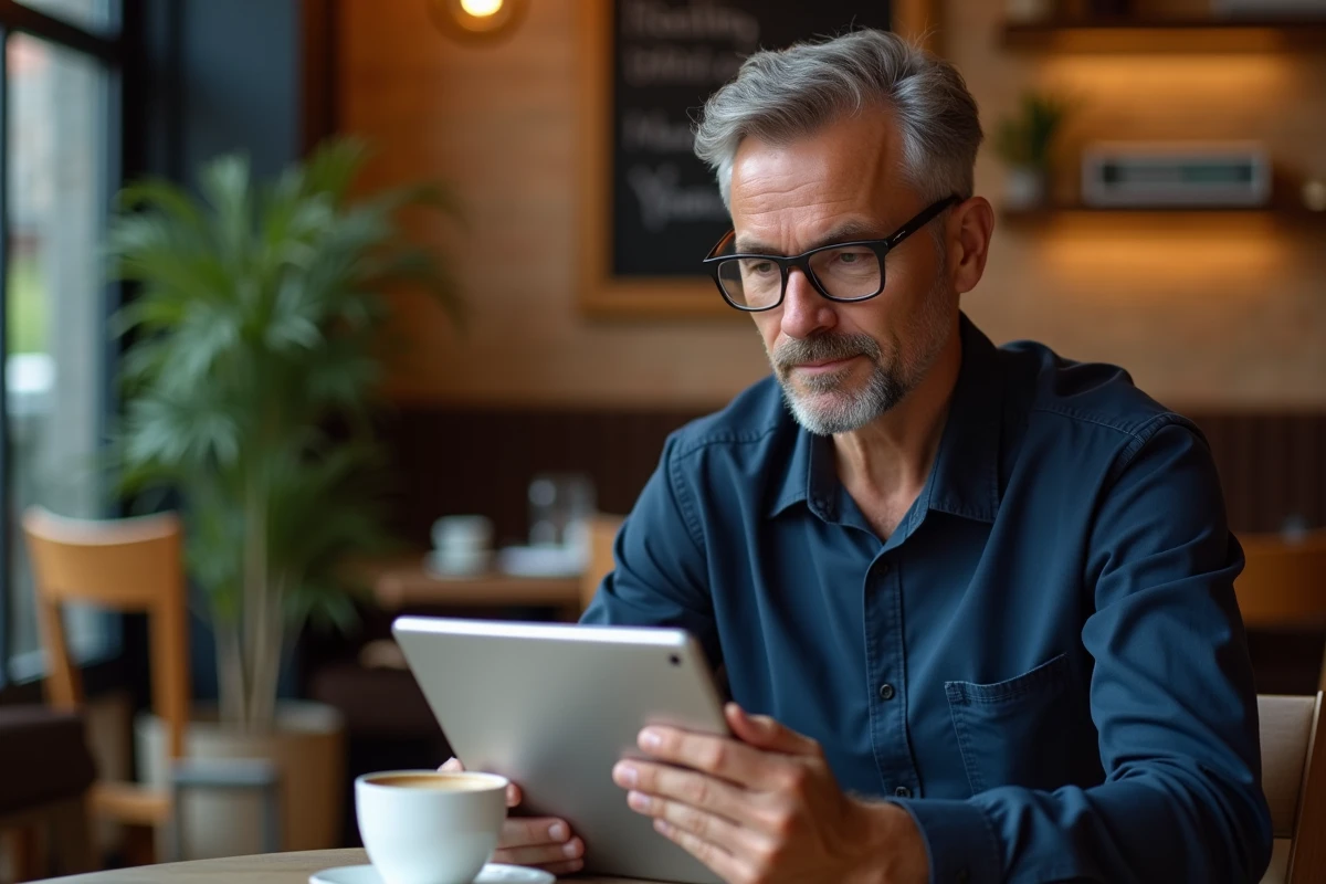 Homme d'âge moyen découvrant un assistant IA sur une tablette dans un café