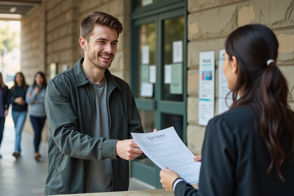 Jeune homme remettant un formulaire à une réceptionniste dans un bâtiment administratif