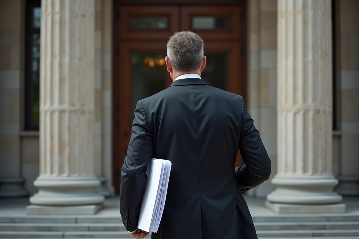 Homme avec dossier devant un palais de justice