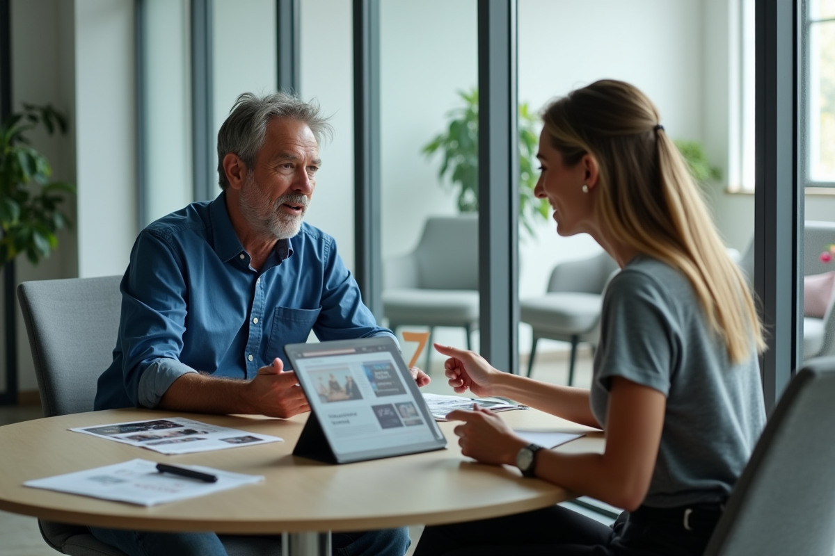 Homme en réunion discute avec une femme autour d