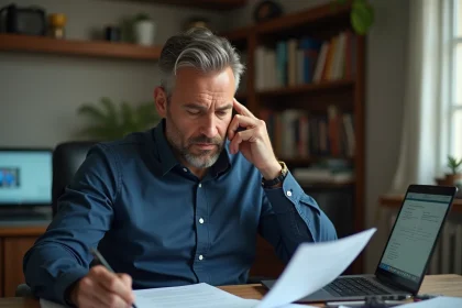 Homme consultant des documents administratifs CSP à son bureau à domicile avec une expression préoccupée