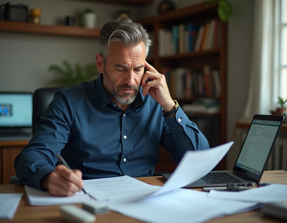 Homme consultant des documents administratifs CSP à son bureau à domicile avec une expression préoccupée