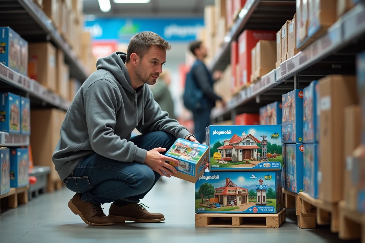 Homme examinant une boîte Playmobil en promotion dans un espace de vente outlet d'usine