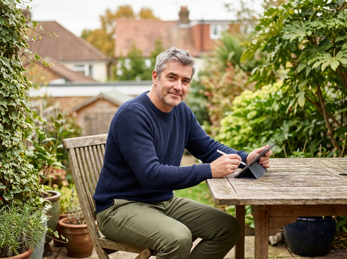 Homme travaillant en ext&eacute;rieur sur une tablette dans le jardin