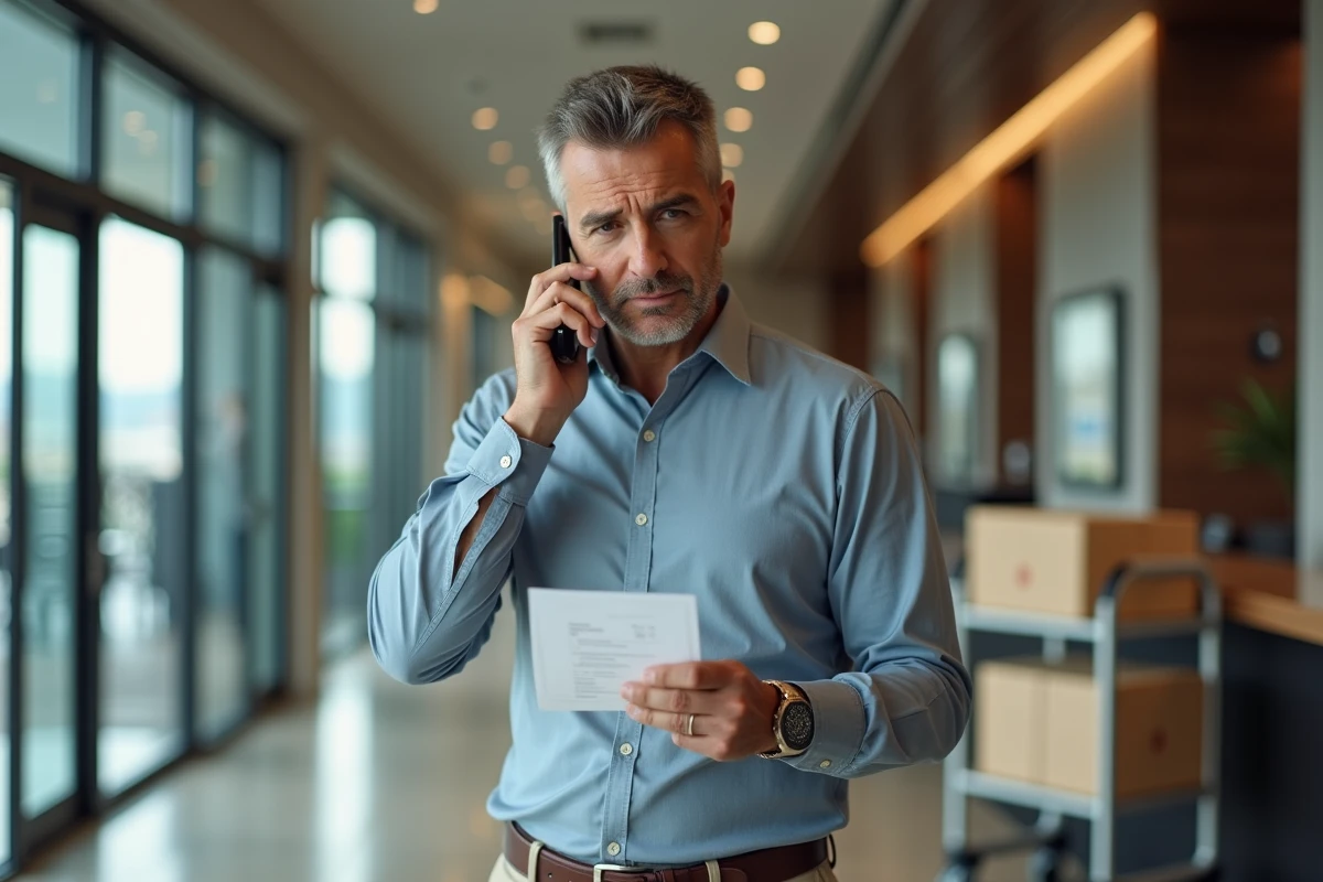 Homme d affaires recevant un colis dans un hall d entreprise