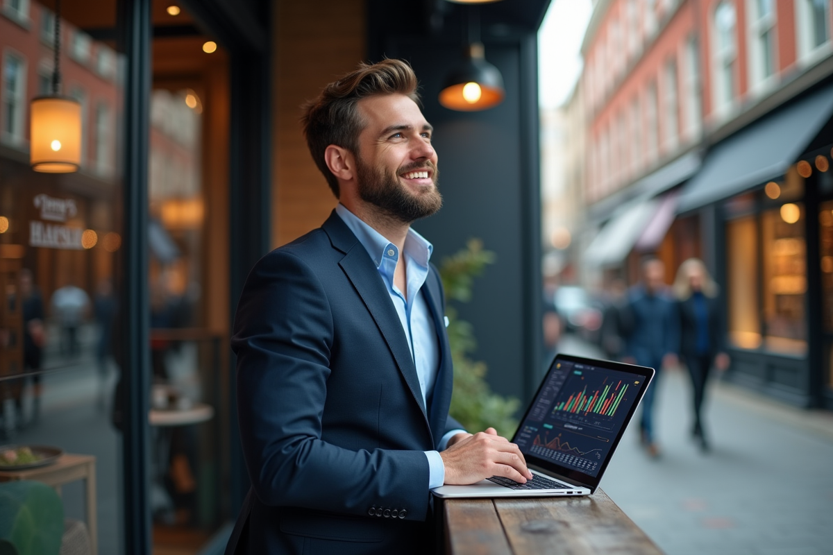 Manager marketing travaillant dans un café avec un ordinateur